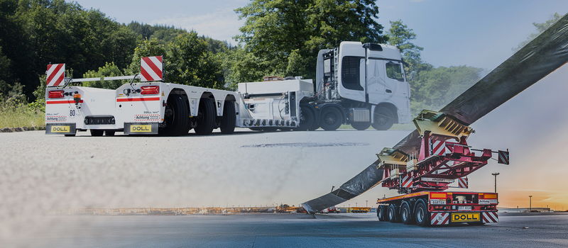 Schwerlasttransportanhänger von DOLL, konzipiert für den Transport großer Lasten. Weißer Anhänger, der mit einem Lkw-Fahrerhaus in einem Waldgebiet verbunden ist, und roter Anhänger, der einen Windflügel in einem Industriegebiet transportiert.